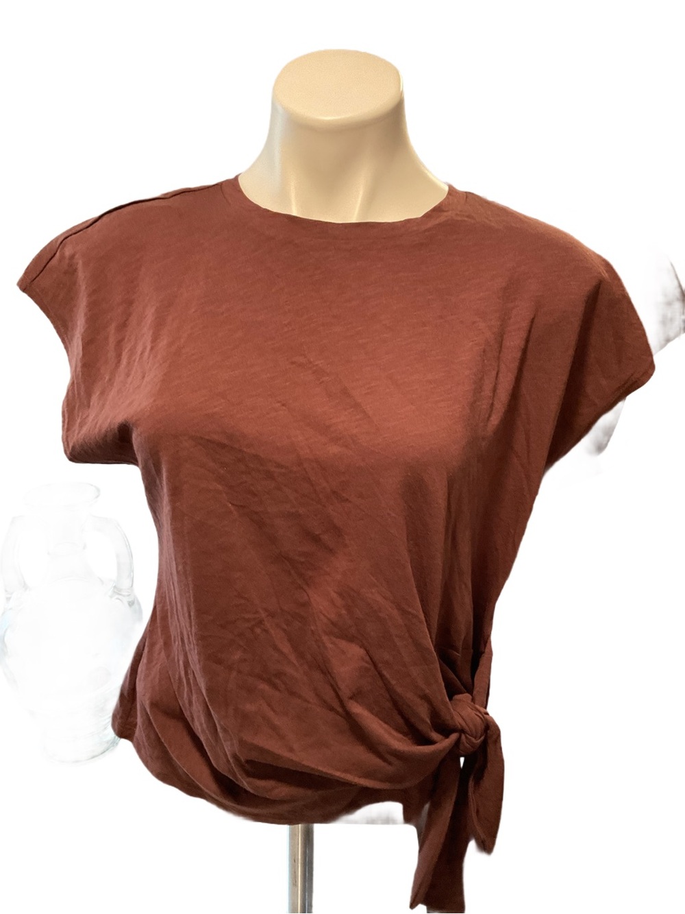 New Ann Taylor Women’s Short Sleeve Crew Tee with faux side tie— brown